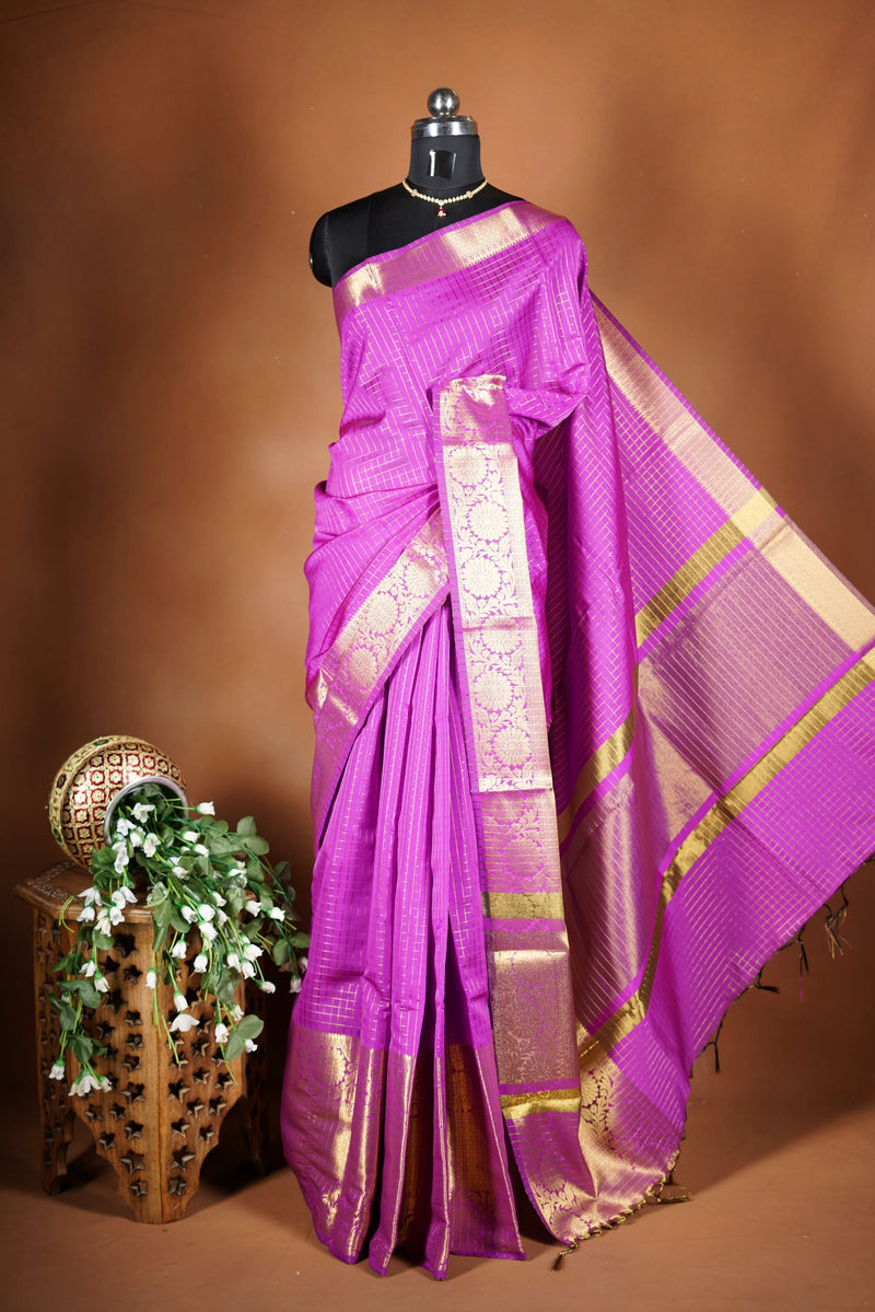 Magenta Fancy Cotton Saree | Zari Stripe Body Gold Long Border | Festive & Party Wear