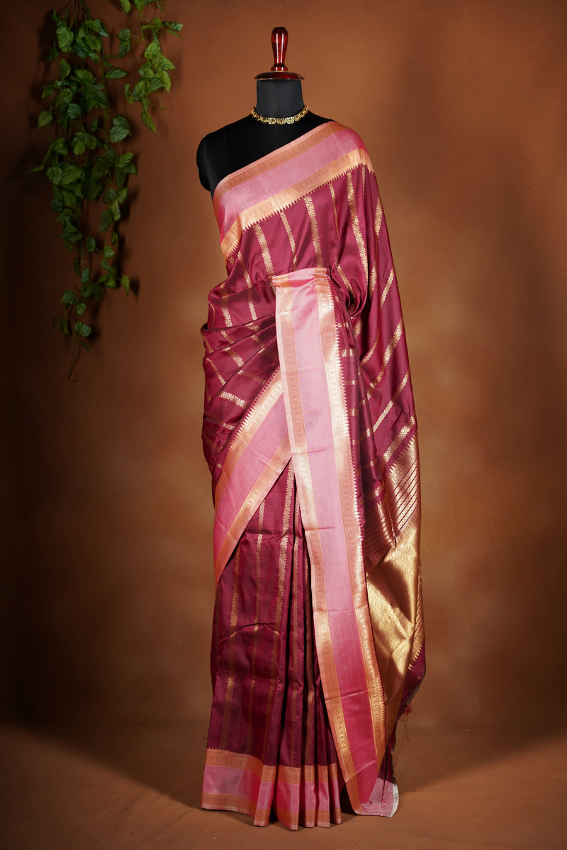 Maroon Soft Silk Saree | Gold Zari Stripe Body & Zari Border | Festive & Party Occasion
