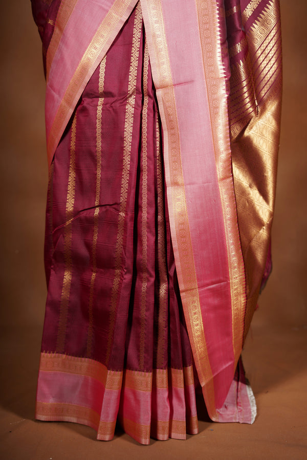 Maroon Soft Silk Saree | Gold Zari Stripe Body & Zari Border | Festive & Party Occasion