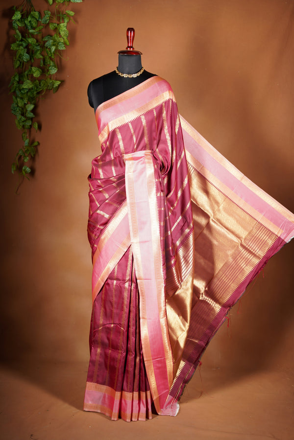 Maroon Soft Silk Saree | Gold Zari Stripe Body & Zari Border | Festive & Party Occasion