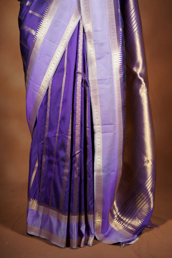 Purple Soft Silk Saree | Gold Zari Stripe & Border | Festive Wear with Contrast Blouse