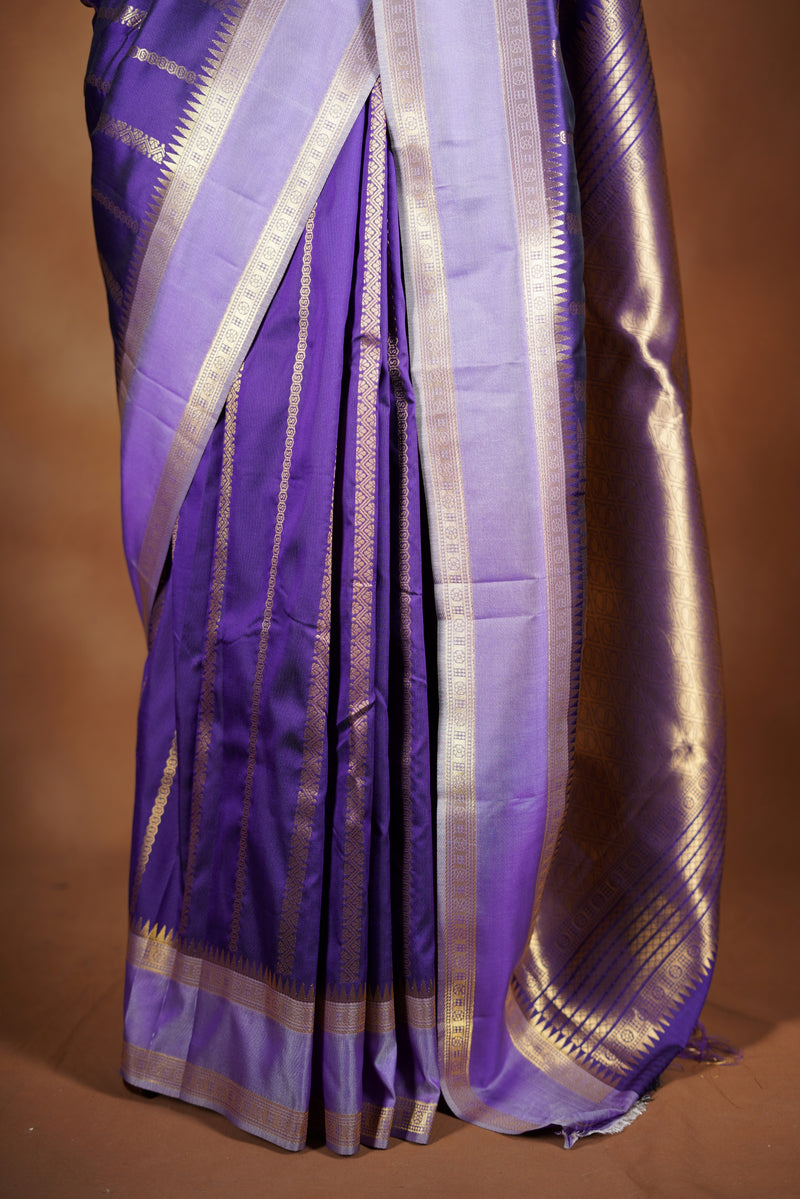 Purple Soft Silk Saree | Gold Zari Stripe & Border | Festive Wear with Contrast Blouse