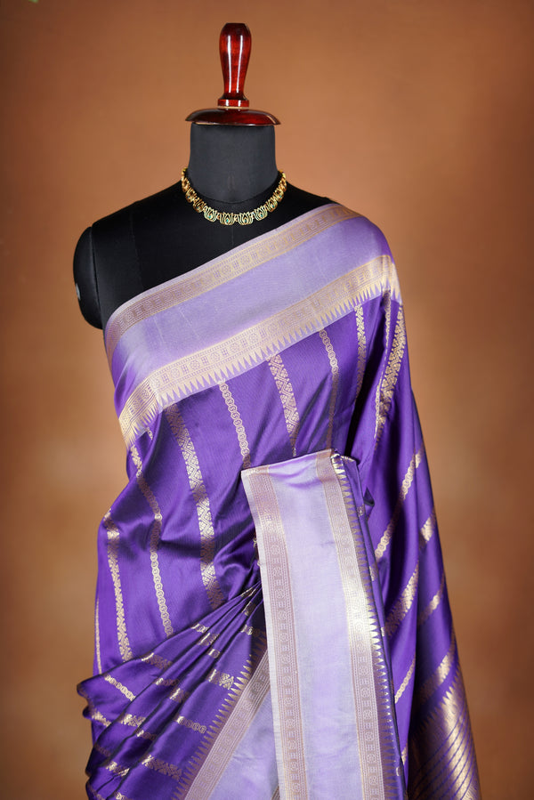 Purple Soft Silk Saree | Gold Zari Stripe & Border | Festive Wear with Contrast Blouse
