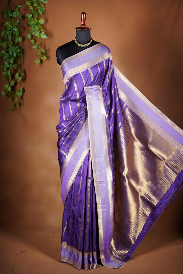 Purple Soft Silk Saree | Gold Zari Stripe & Border | Festive Wear with Contrast Blouse