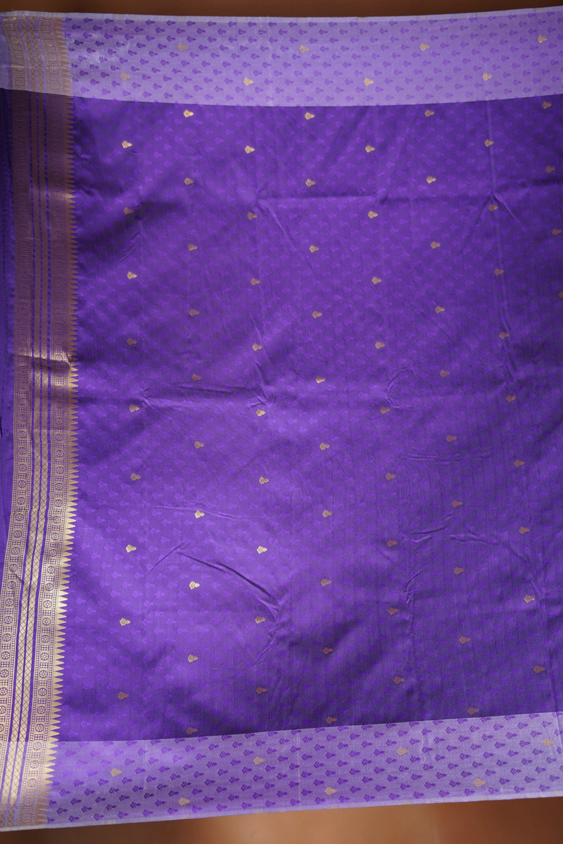 Purple Soft Silk Saree | Gold Zari Stripe & Border | Festive Wear with Contrast Blouse
