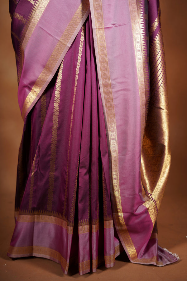 Deep Plum Soft Silk Saree | Gold Checked Zari Design | Festive & Occasion Wear