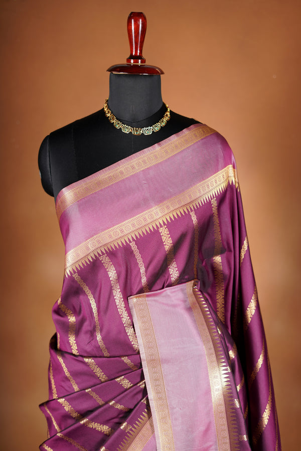 Deep Plum Soft Silk Saree | Gold Checked Zari Design | Festive & Occasion Wear