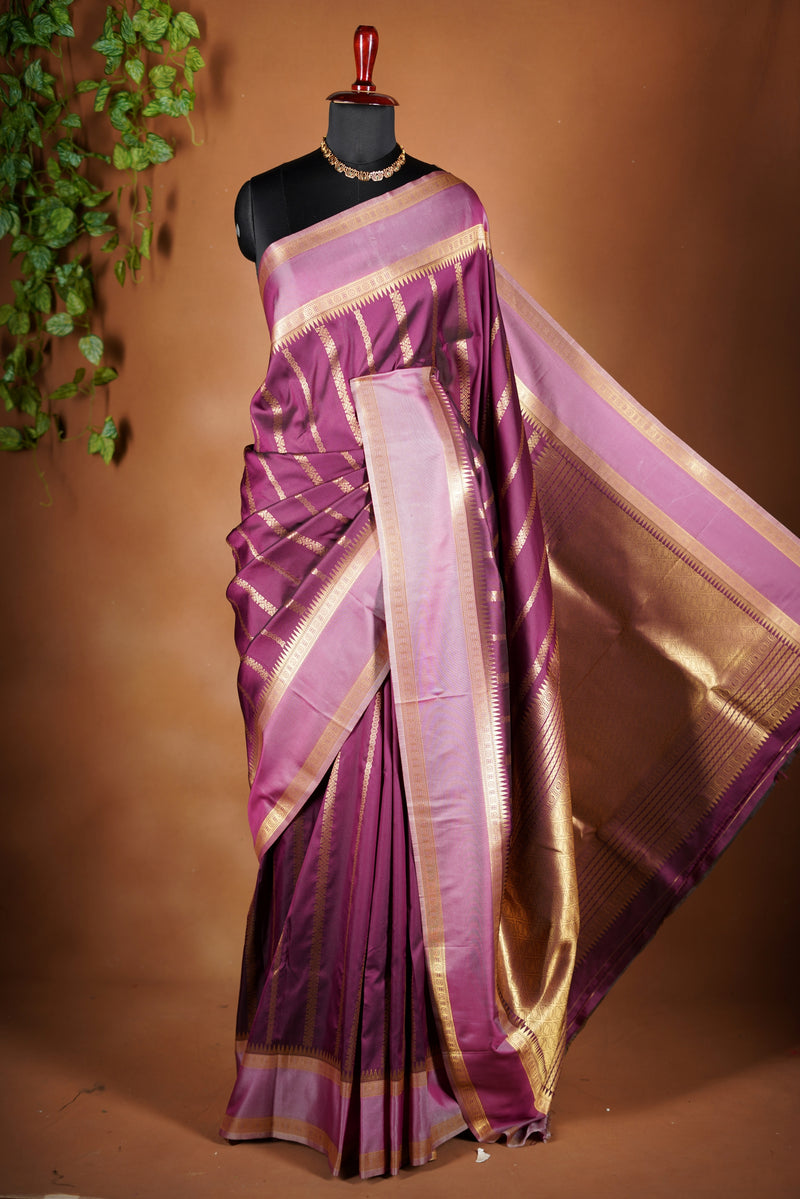 Deep Plum Soft Silk Saree | Gold Checked Zari Design | Festive & Occasion Wear