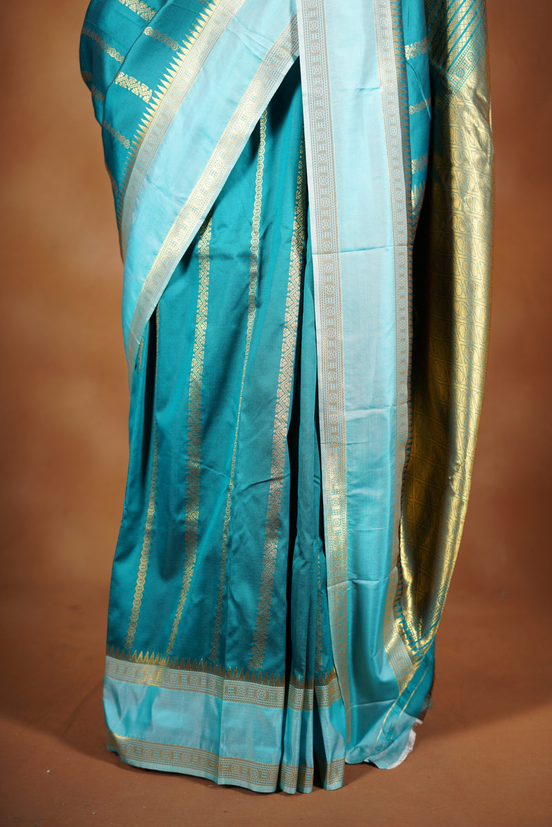 Cyan Soft Silk Saree | Gold Zari Stripe & Border | Festive Wear with Ice Blue Blouse