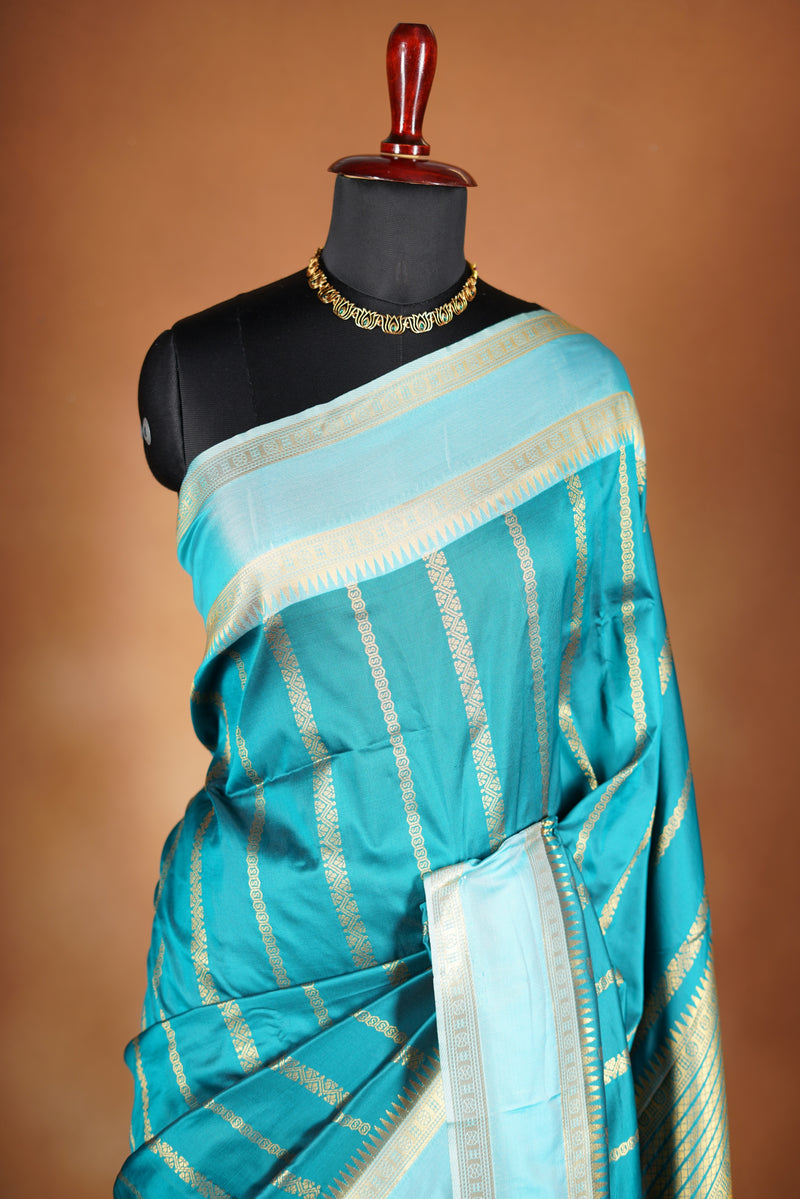 Cyan Soft Silk Saree | Gold Zari Stripe & Border | Festive Wear with Ice Blue Blouse