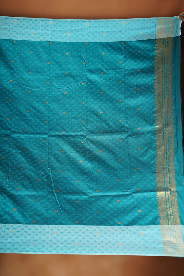 Cyan Soft Silk Saree | Gold Zari Stripe & Border | Festive Wear with Ice Blue Blouse