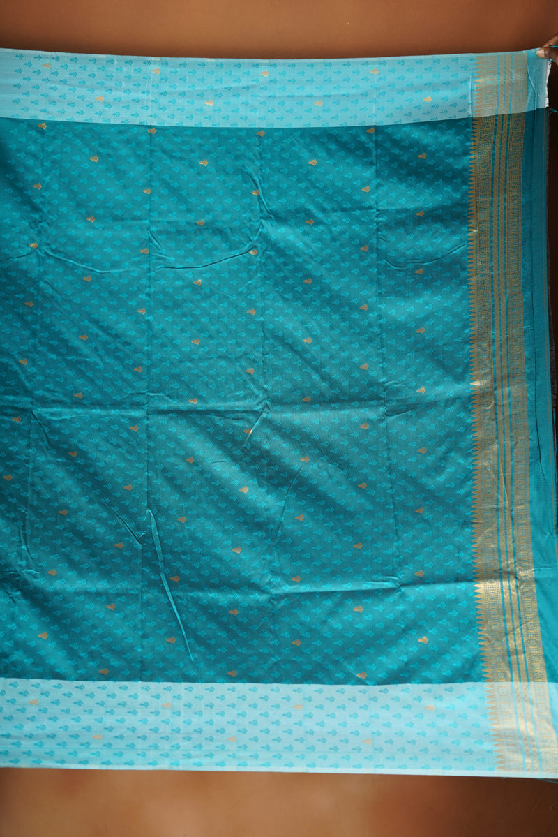 Cyan Soft Silk Saree | Gold Zari Stripe & Border | Festive Wear with Ice Blue Blouse