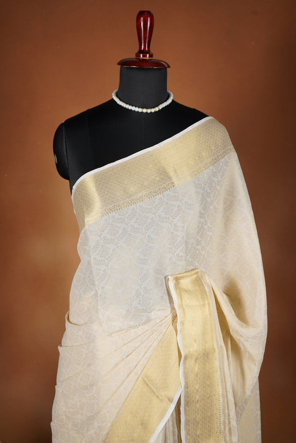 Ivory Gold Brocade Georgette Saree | Full Zari Weave Gold Pallu | Festive Luxury Wear
