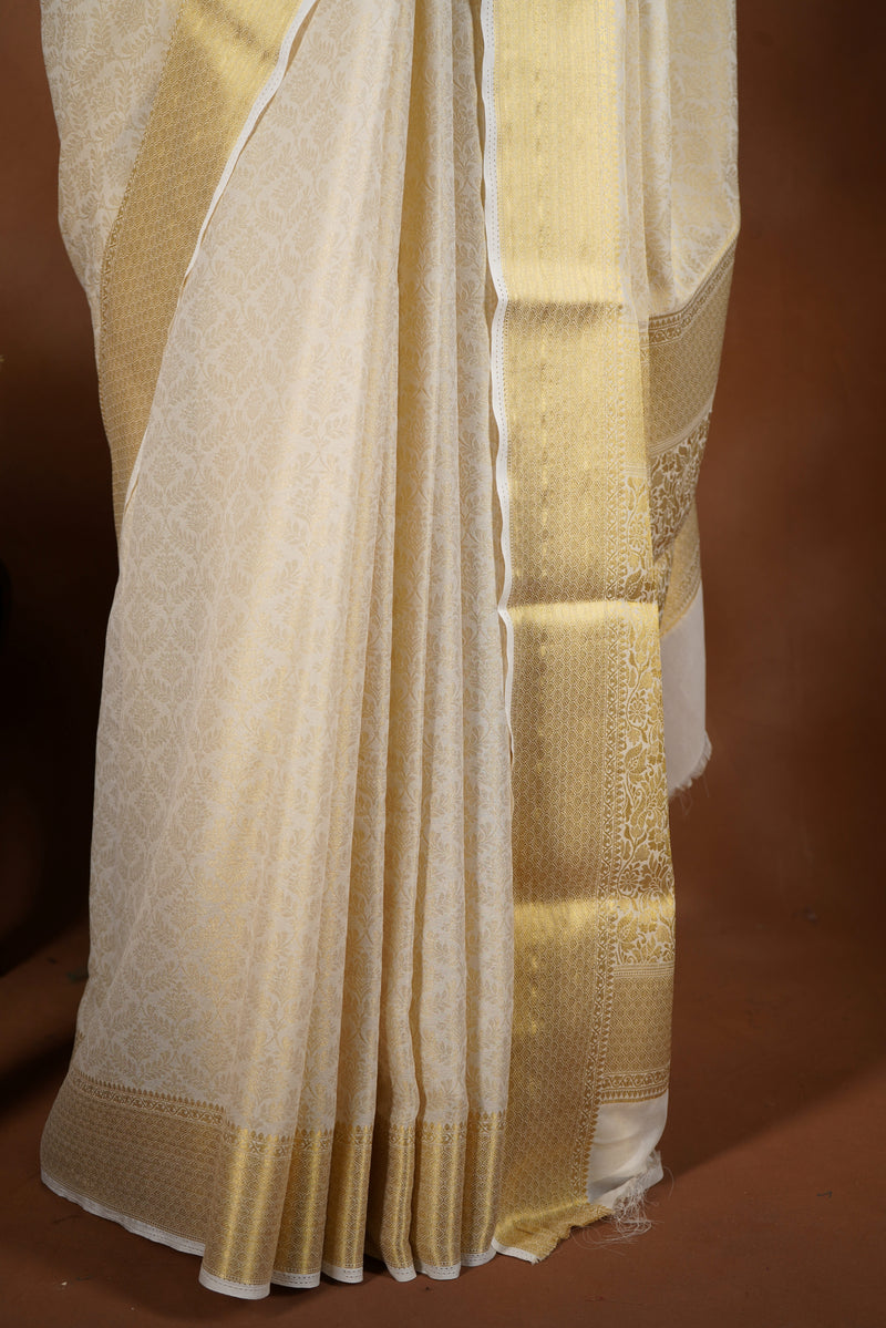Ivory Gold Brocade Georgette Saree | Full Zari Weave Gold Pallu | Festive Luxury Wear