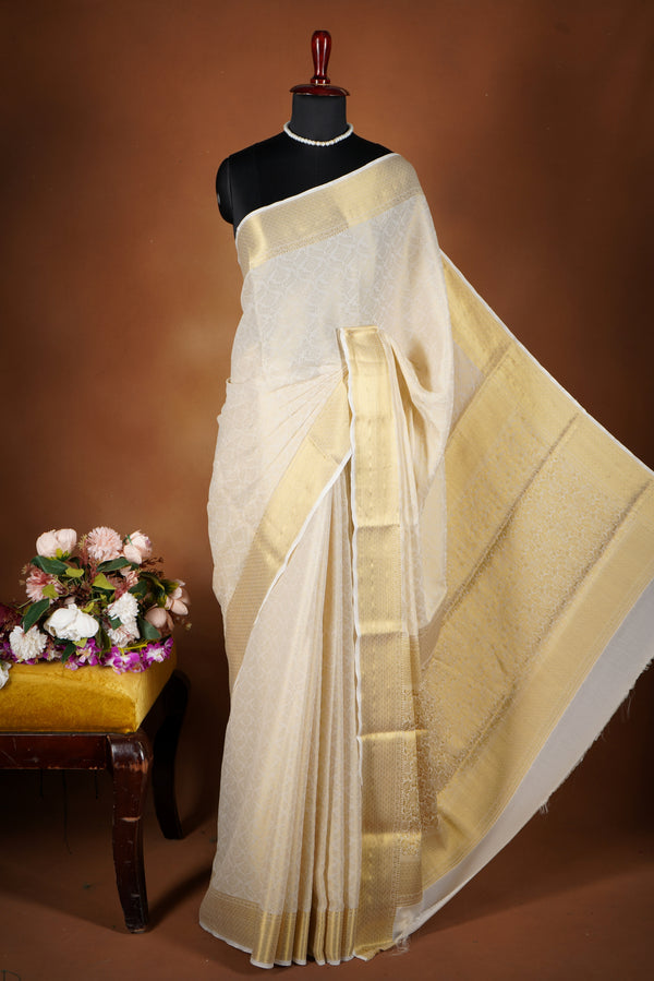 Ivory Gold Brocade Georgette Saree | Full Zari Weave Gold Pallu | Festive Luxury Wear