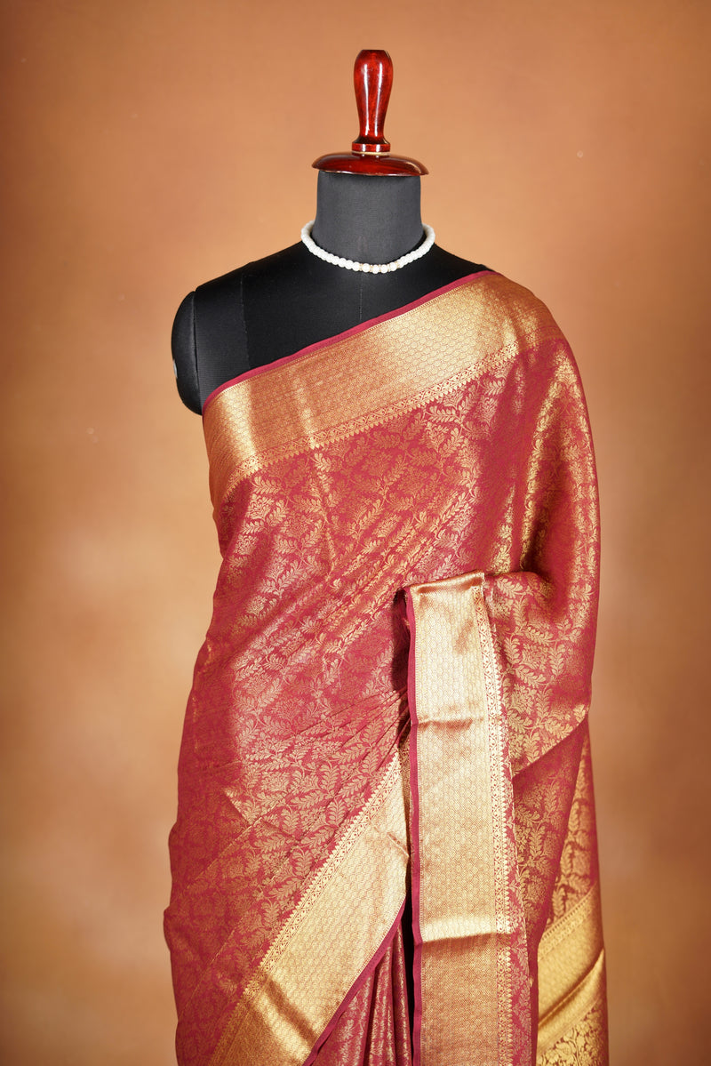 Brick Red Brocade Georgette Saree | Full Gold Zari Weave & Pallu | Traditional Festive Wear