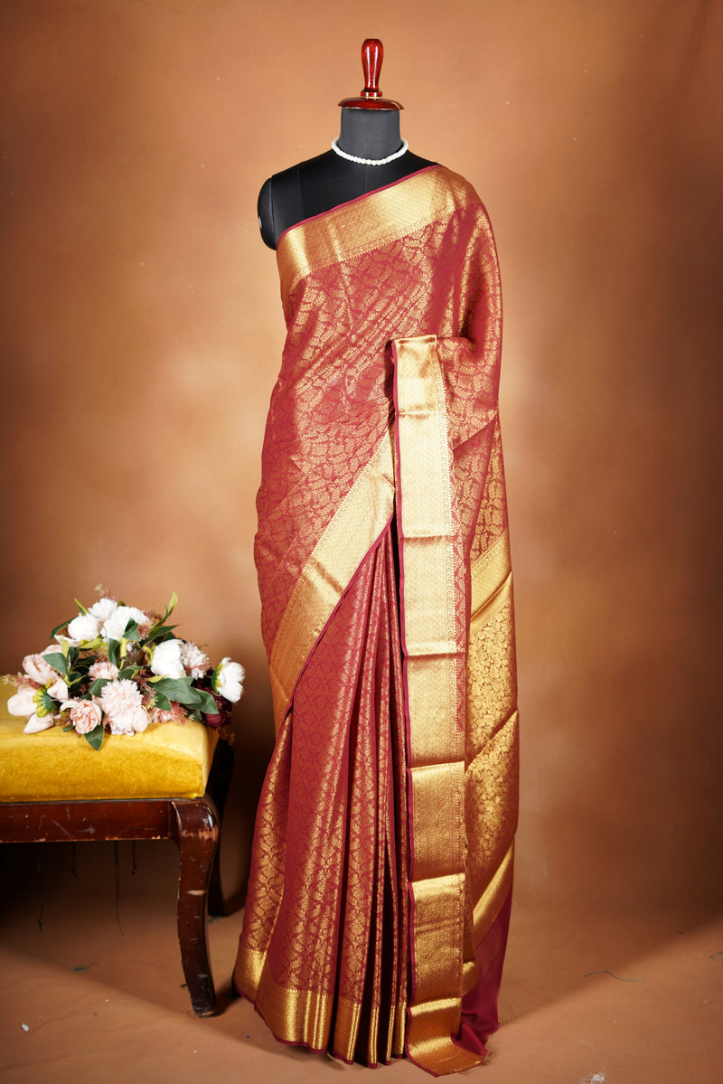 Brick Red Brocade Georgette Saree | Full Gold Zari Weave & Pallu | Traditional Festive Wear