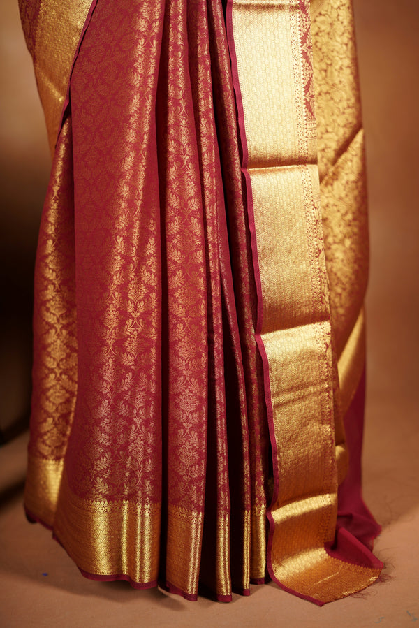 Brick Red Brocade Georgette Saree | Full Gold Zari Weave & Pallu | Traditional Festive Wear