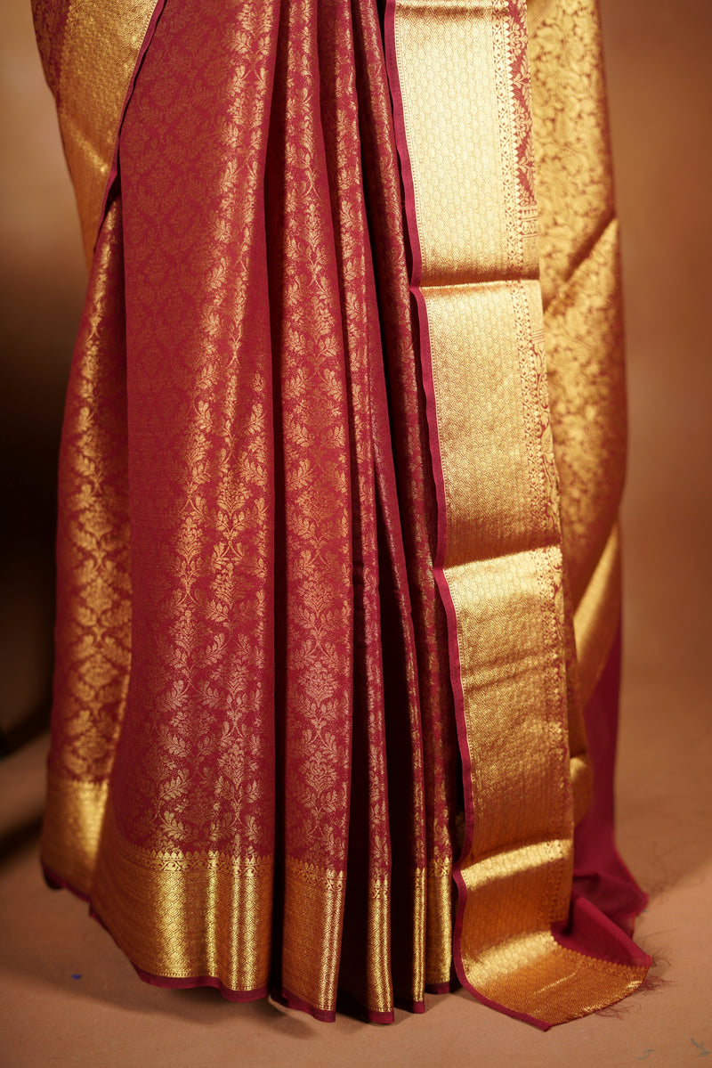 Brick Red Brocade Georgette Saree | Full Gold Zari Weave & Pallu | Traditional Festive Wear