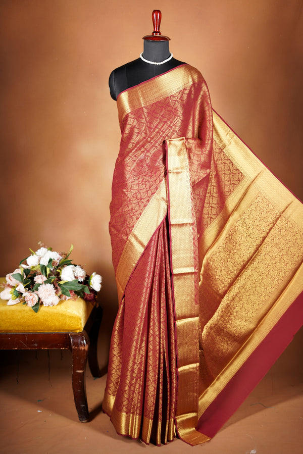 Brick Red Brocade Georgette Saree | Full Gold Zari Weave & Pallu | Traditional Festive Wear