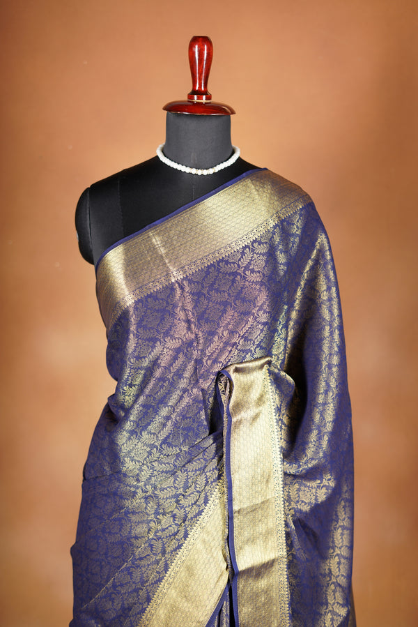 Royal Blue Brocade Georgette Saree | Full Gold Zari Weave & Pallu | Wedding Festive Wear