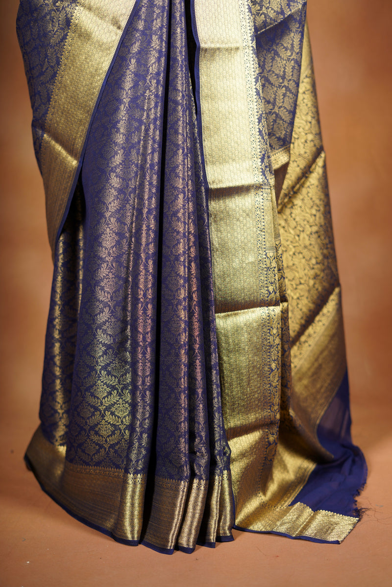 Royal Blue Brocade Georgette Saree | Full Gold Zari Weave & Pallu | Wedding Festive Wear