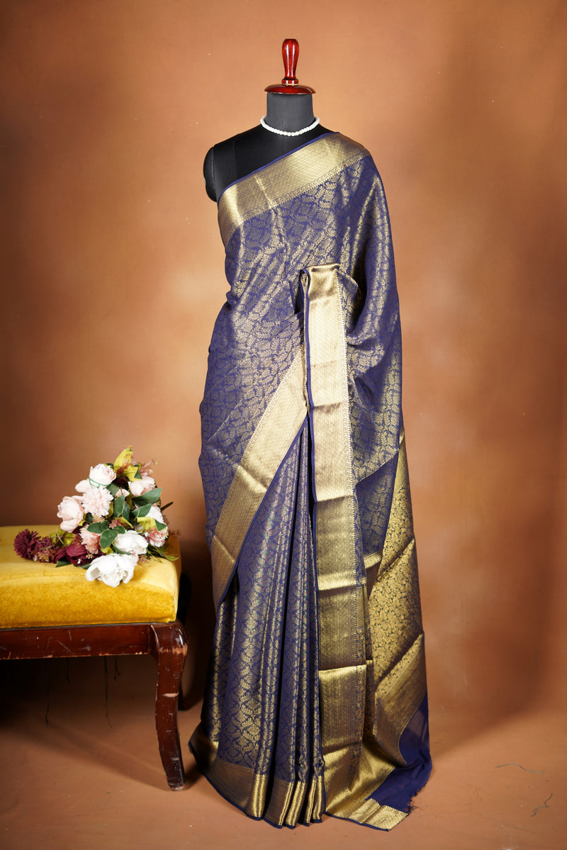 Royal Blue Brocade Georgette Saree | Full Gold Zari Weave & Pallu | Wedding Festive Wear