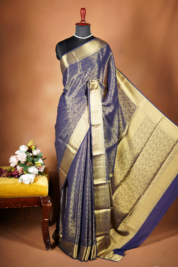Royal Blue Brocade Georgette Saree | Full Gold Zari Weave & Pallu | Wedding Festive Wear