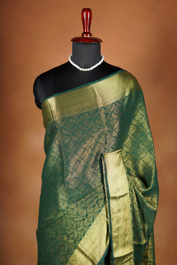 Forest Green Brocade Georgette Saree | Gold Zari Full Weave & Pallu | Festive Occasion Wear
