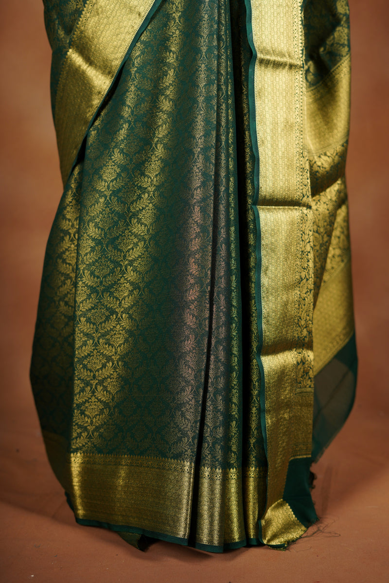 Forest Green Brocade Georgette Saree | Gold Zari Full Weave & Pallu | Festive Occasion Wear