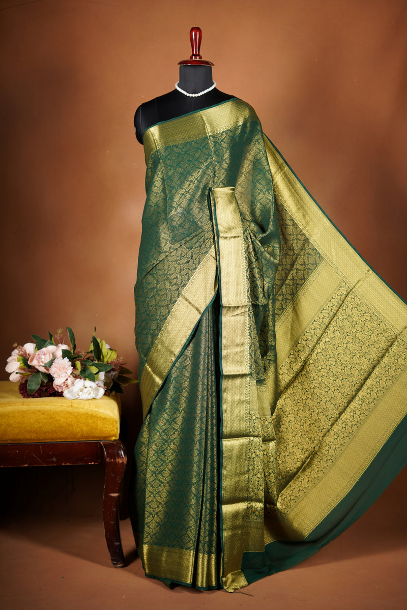 Forest Green Brocade Georgette Saree | Gold Zari Full Weave & Pallu | Festive Occasion Wear