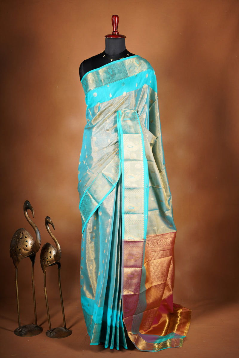 Aqua Blue Tissue Cotton Saree | Gold Zari Buti & Border | Festive Wear with Blouse