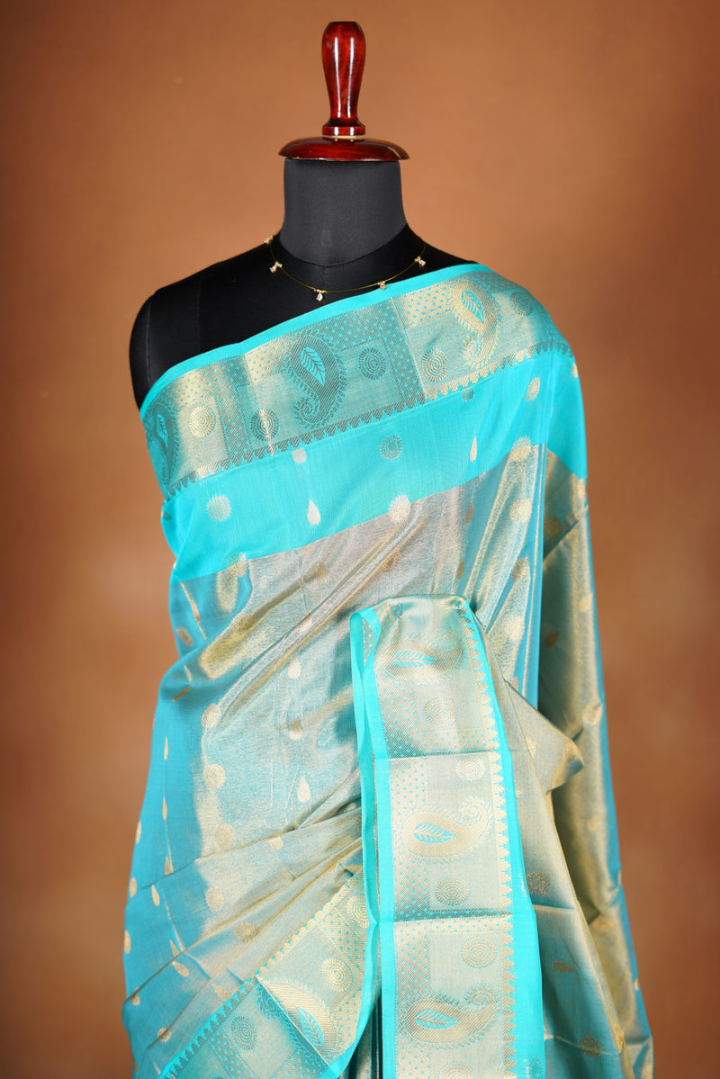 Aqua Blue Tissue Cotton Saree | Gold Zari Buti & Border | Festive Wear with Blouse