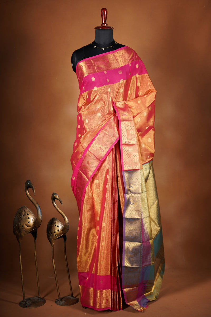 Coral Orange Tissue Cotton Saree | Gold Zari Border & Pallu | Festive Occasion Wear