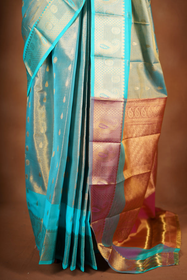 Aqua Blue Tissue Cotton Saree | Gold Zari Buti & Border | Festive Wear with Blouse