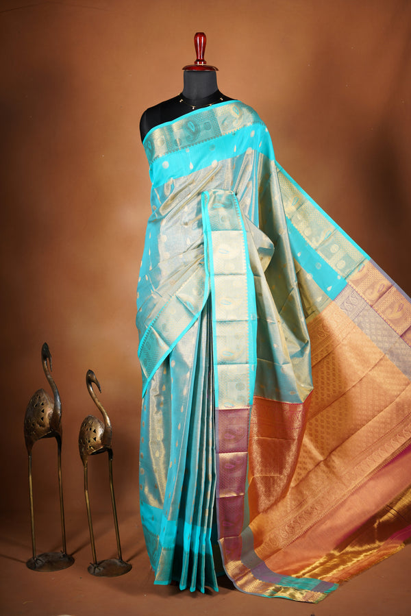 Aqua Blue Tissue Cotton Saree | Gold Zari Buti & Border | Festive Wear with Blouse