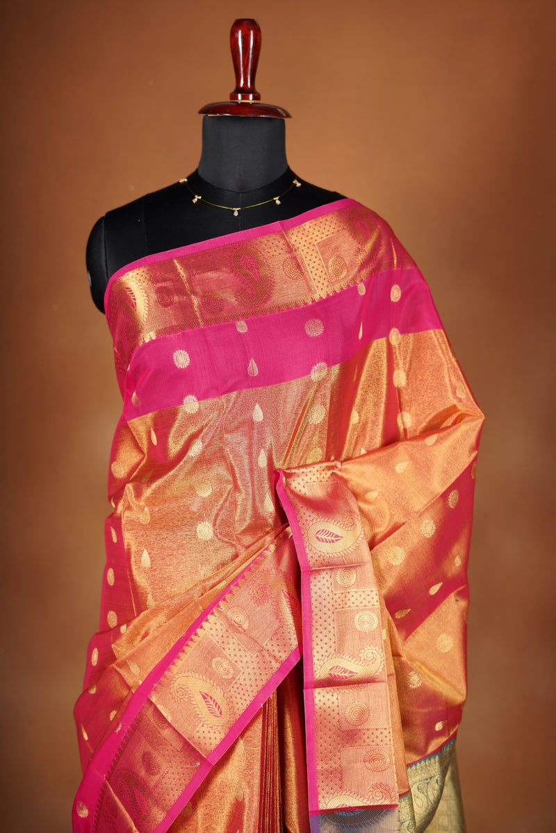 Coral Orange Tissue Cotton Saree | Gold Zari Border & Pallu | Festive Occasion Wear