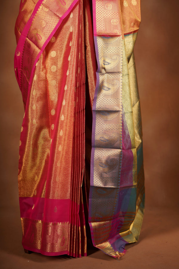 Coral Orange Tissue Cotton Saree | Gold Zari Border & Pallu | Festive Occasion Wear