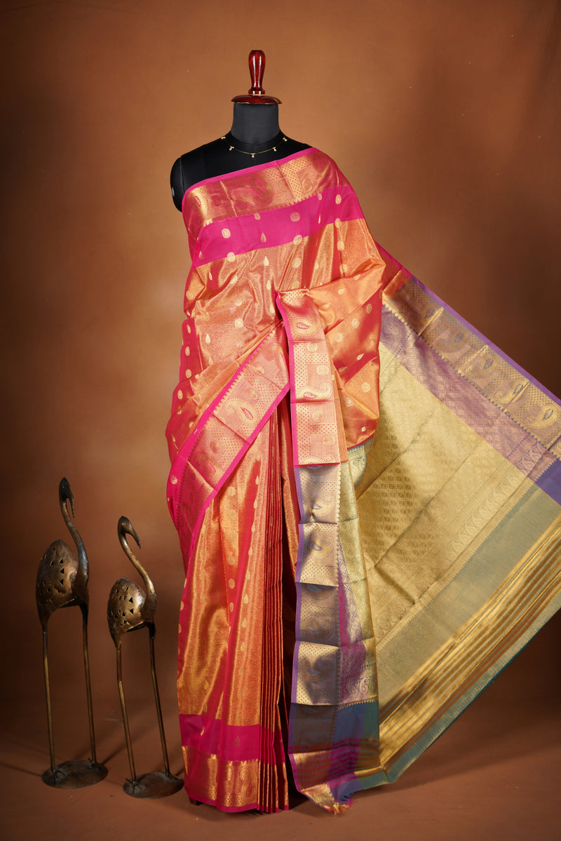 Coral Orange Tissue Cotton Saree | Gold Zari Border & Pallu | Festive Occasion Wear