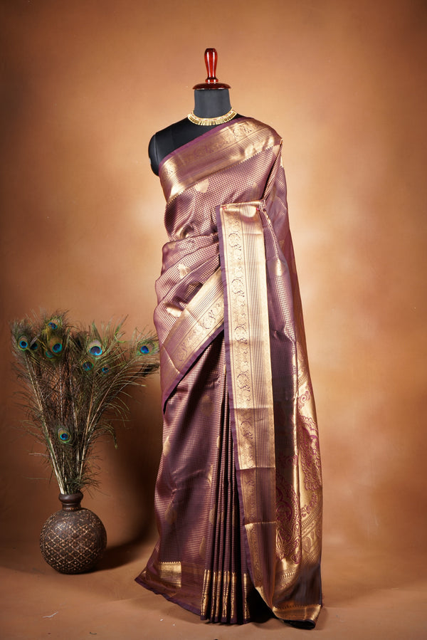 Coffee Brown Kanchipuram Silk Saree with Antique Gold Zari Border, Rich Soft Silk Finish & Elegant Woven Design – Traditional Wedding, Bridal & Festive Wear with Matching Blouse Piece