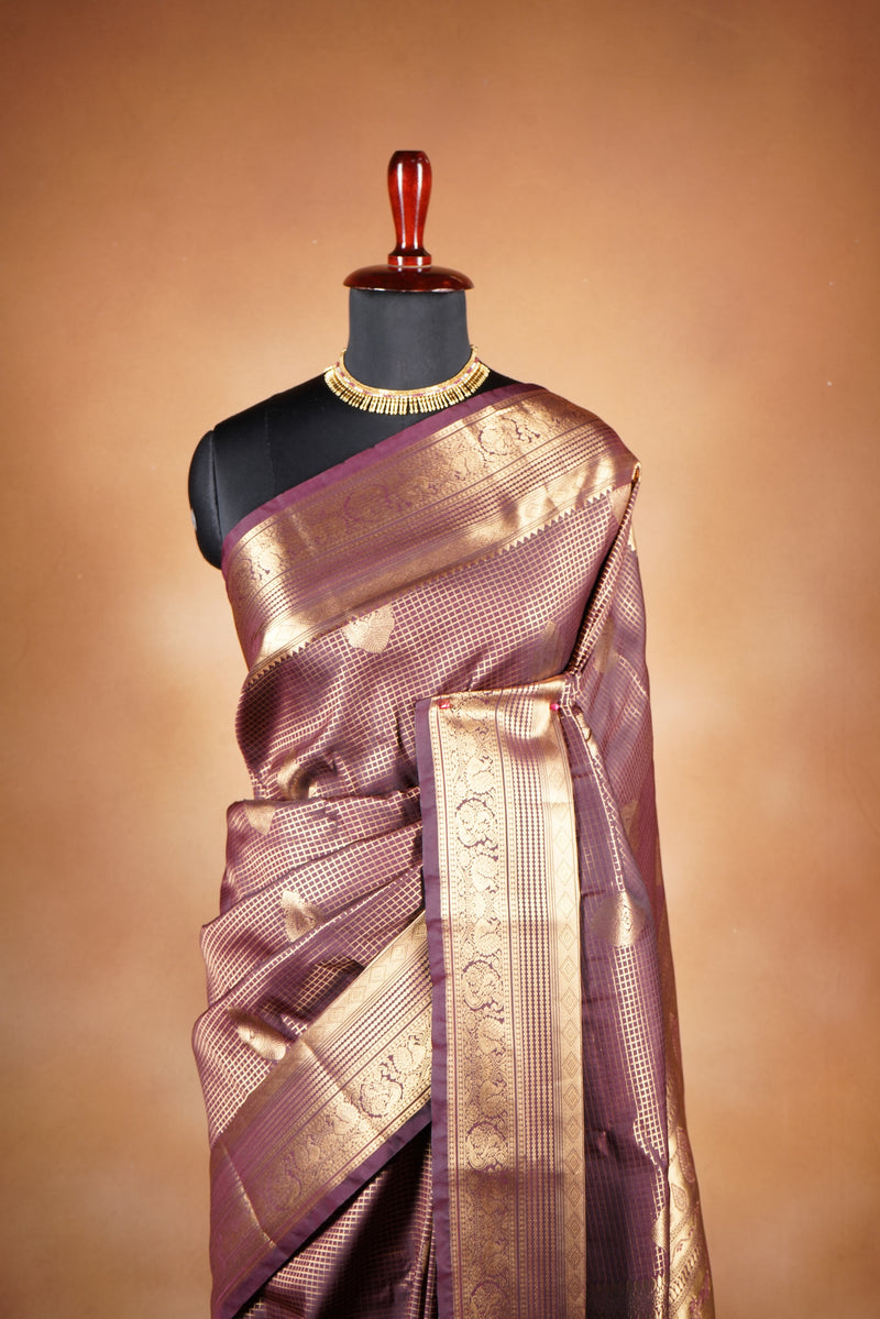 Coffee Brown Kanchipuram Silk Saree | Antique Gold Zari Border | Bridal & Wedding Wear