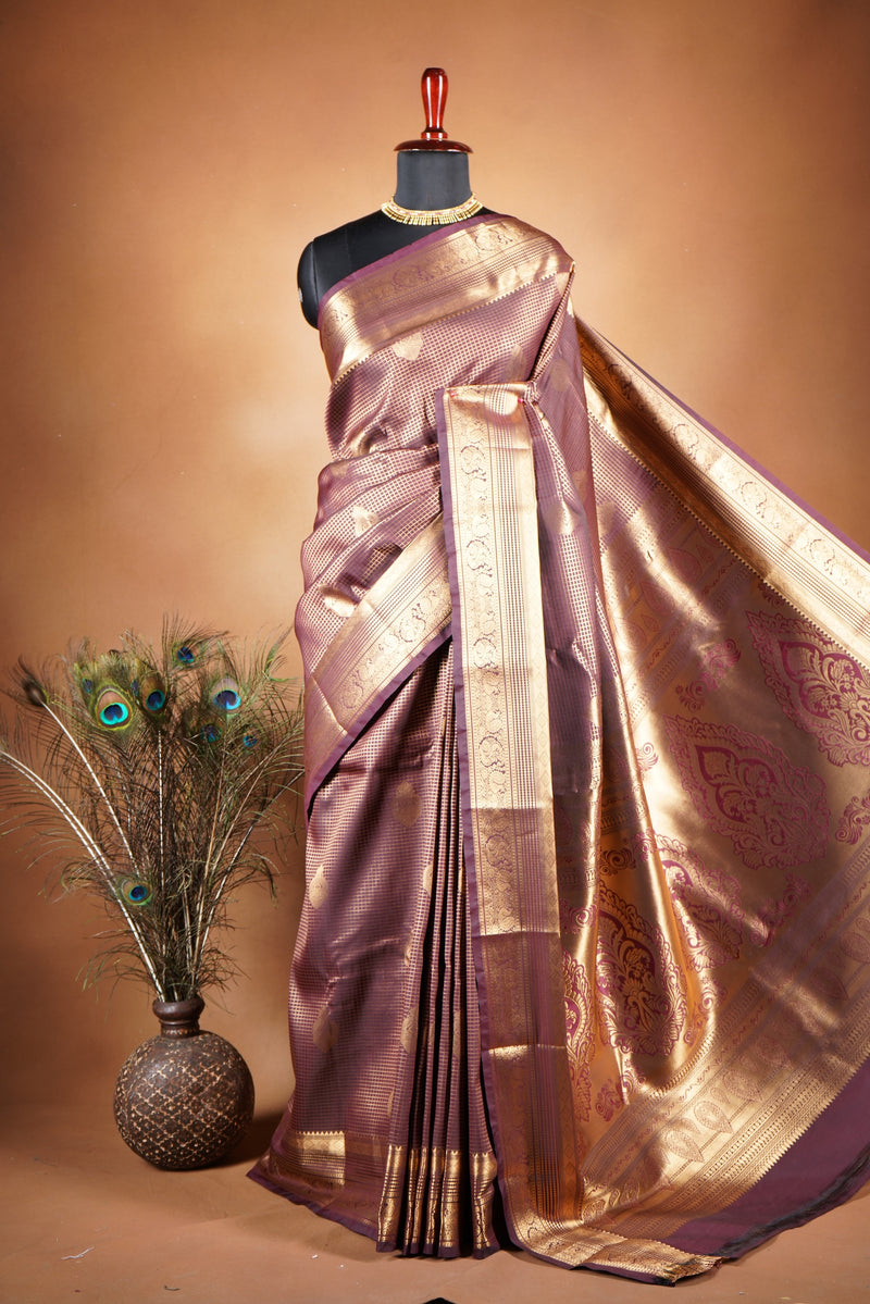 Coffee Brown Kanchipuram Silk Saree | Antique Gold Zari Border | Bridal & Wedding Wear