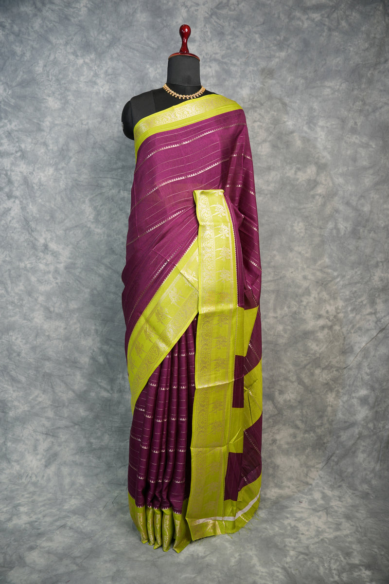 Semi Mysore Silk Saree in Magenta Plum with Lime Green Zari Border Rich Gold Stripe Weave Contrast Pallu Antique Gold Motifs Festive Bridal Wear Classic South Indian Elegance