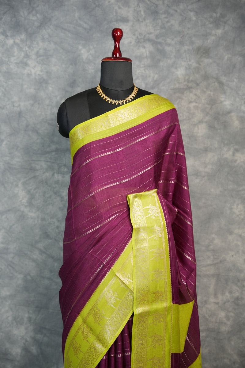 Semi Mysore Silk Saree in Magenta Plum with Lime Green Zari Border Rich Gold Stripe Weave Contrast Pallu Antique Gold Motifs Festive Bridal Wear Classic South Indian Elegance