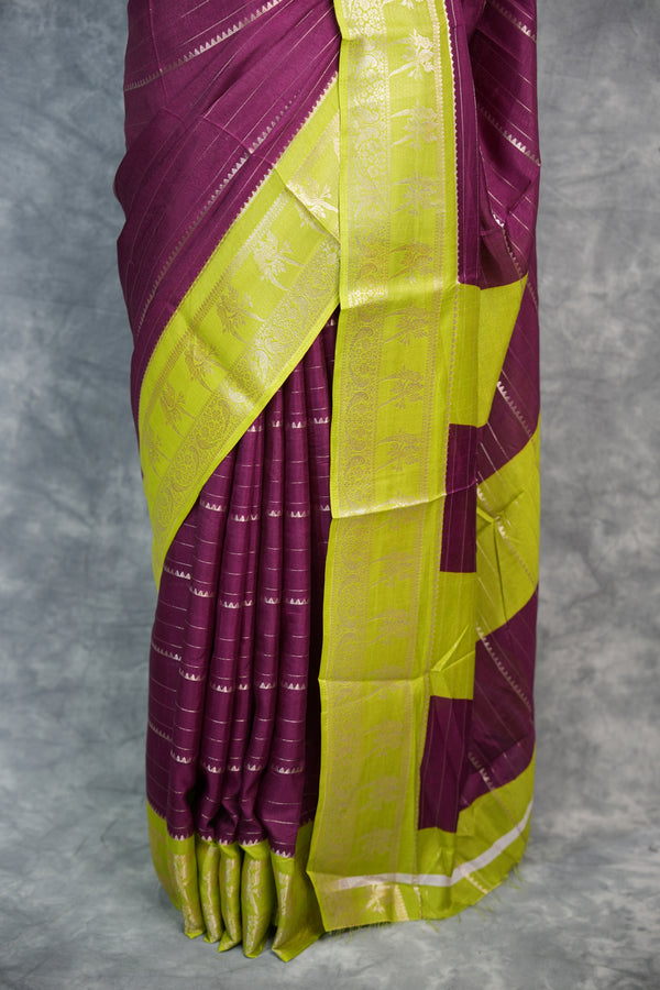 Semi Mysore Silk Saree in Magenta Plum with Lime Green Zari Border Rich Gold Stripe Weave Contrast Pallu Antique Gold Motifs Festive Bridal Wear Classic South Indian Elegance