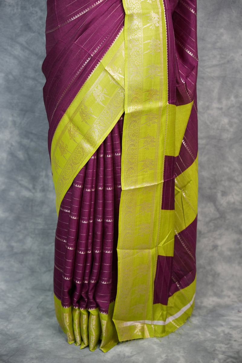 Semi Mysore Silk Saree in Magenta Plum with Lime Green Zari Border Rich Gold Stripe Weave Contrast Pallu Antique Gold Motifs Festive Bridal Wear Classic South Indian Elegance