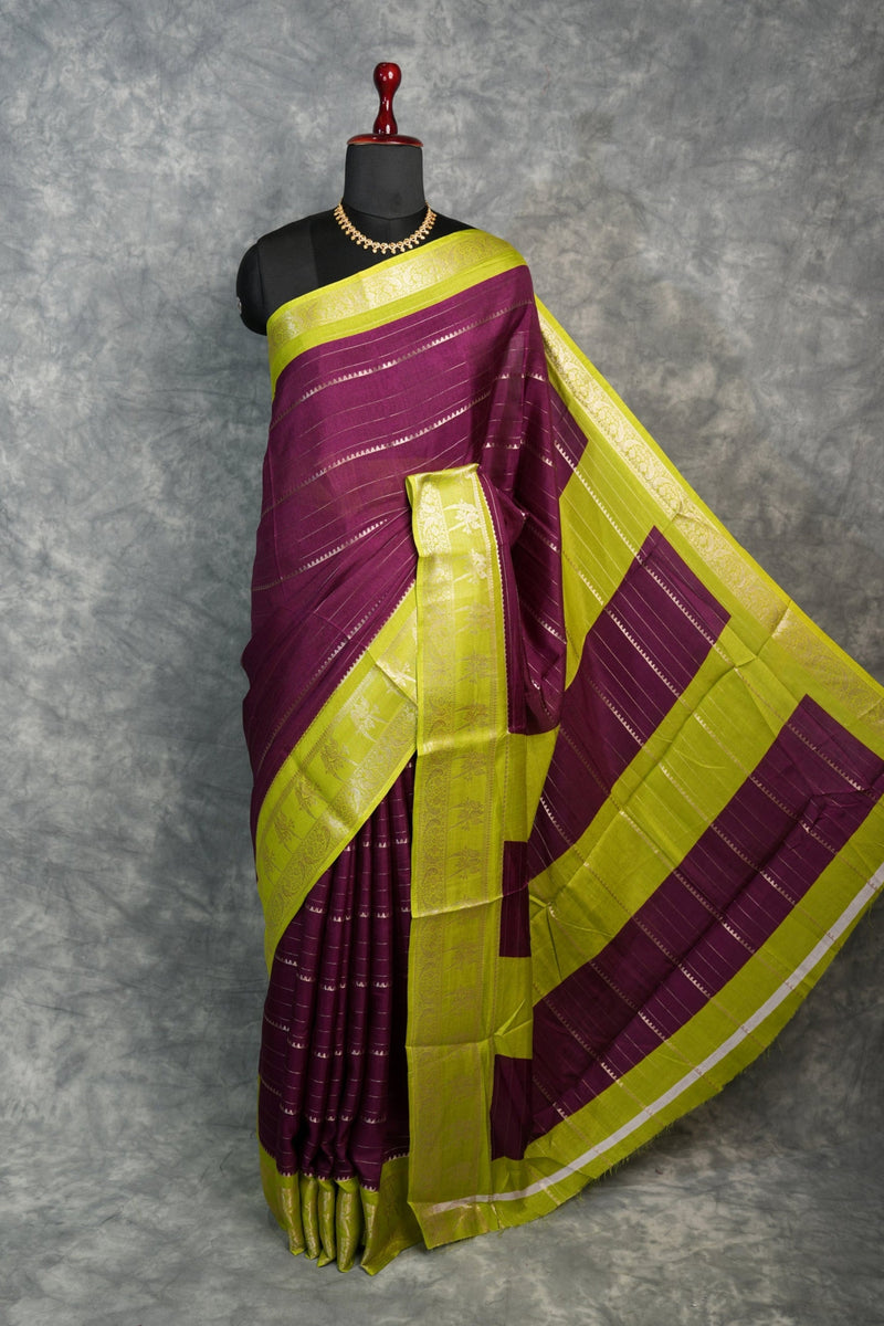 Semi Mysore Silk Saree in Magenta Plum with Lime Green Zari Border Rich Gold Stripe Weave Contrast Pallu Antique Gold Motifs Festive Bridal Wear Classic South Indian Elegance