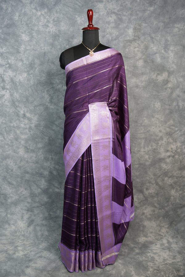 Semi Mysore Silk Saree in Deep Plum with Soft Lavender Parrot Border Rich Zari Stripes Contrast Pallu Antique Gold Motifs Festive Wedding Wear Classic South Indian Elegance