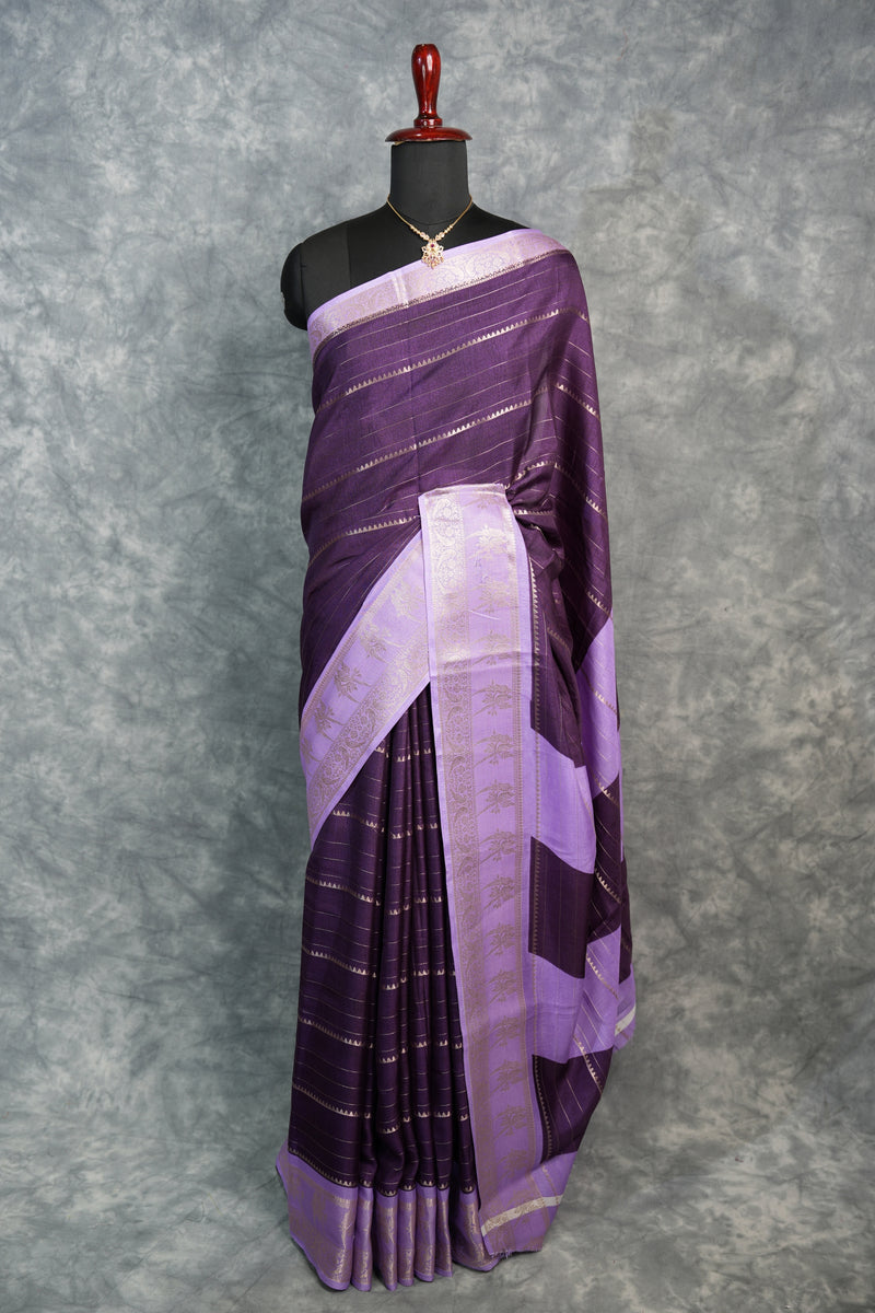 Semi Mysore Silk Saree in Deep Plum with Soft Lavender Parrot Border Rich Zari Stripes Contrast Pallu Antique Gold Motifs Festive Wedding Wear Classic South Indian Elegance