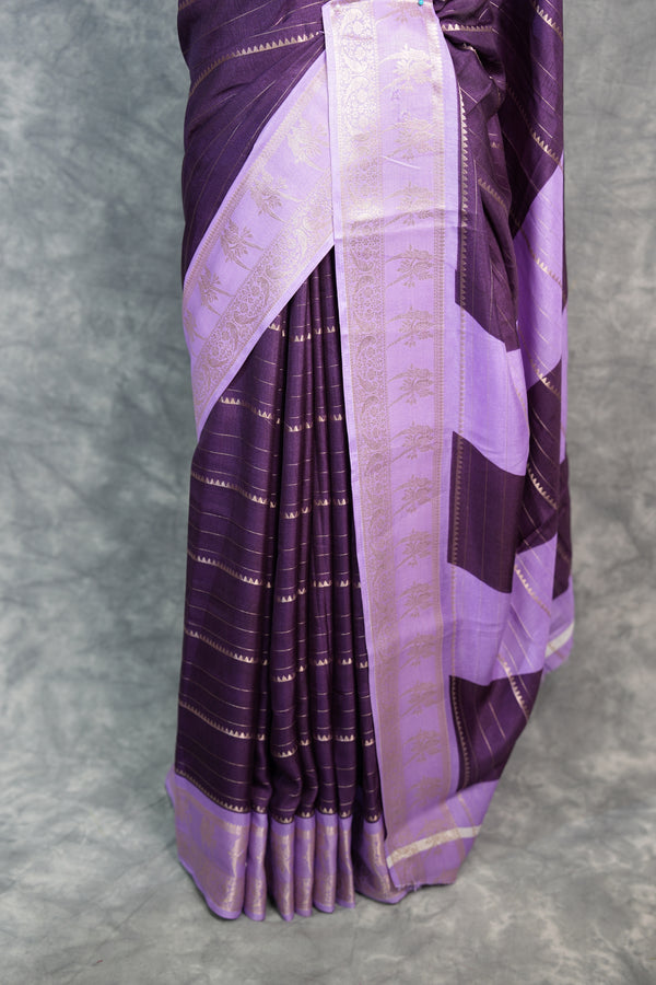 Semi Mysore Silk Saree in Deep Plum with Soft Lavender Parrot Border Rich Zari Stripes Contrast Pallu Antique Gold Motifs Festive Wedding Wear Classic South Indian Elegance